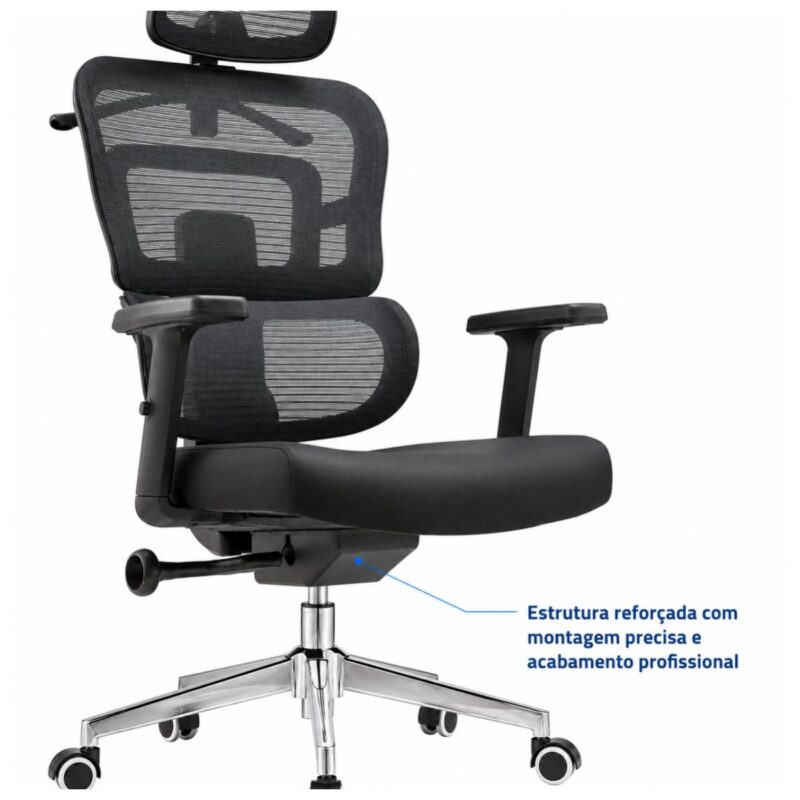Imagem técnica do mecanismo e das conexões estruturais da cadeira presidente ergonômica giratória preta.