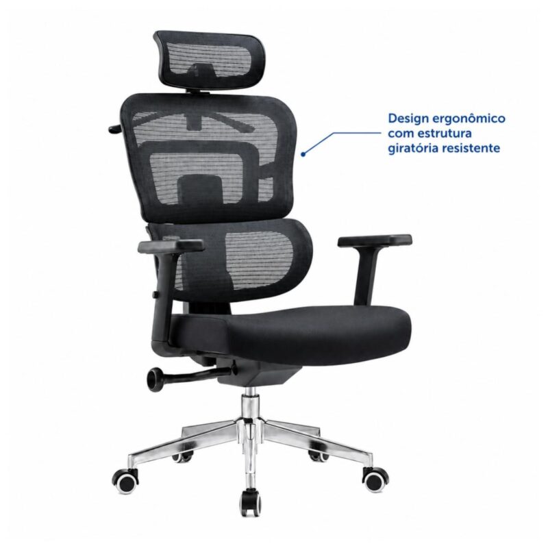 Imagem técnica do design geral da cadeira presidente ergonômica preta com apoio de cabeça e base cromada.