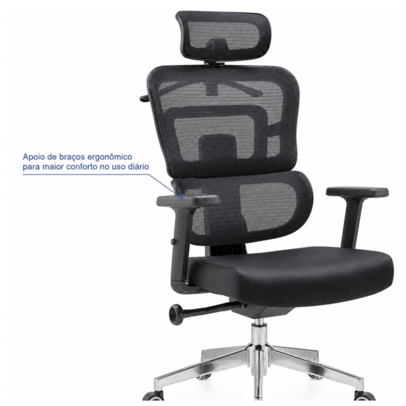 Imagem técnica dos apoios de braço da cadeira presidente ergonômica giratória preta.