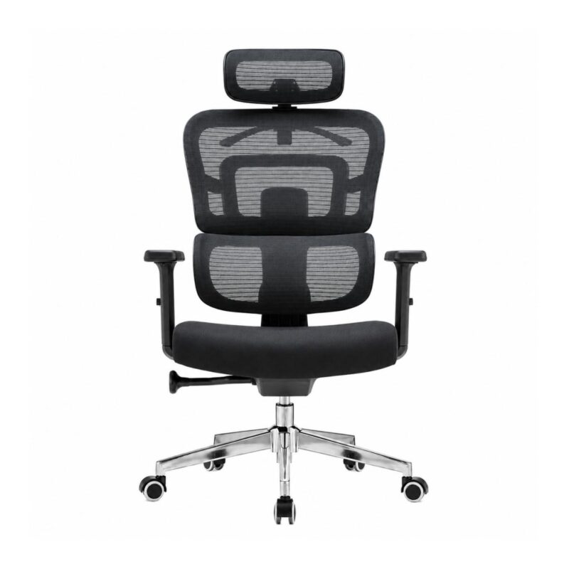Cadeira presidente ergonômica preta em enquadramento frontal complementar com encosto em tela e apoio de cabeça.