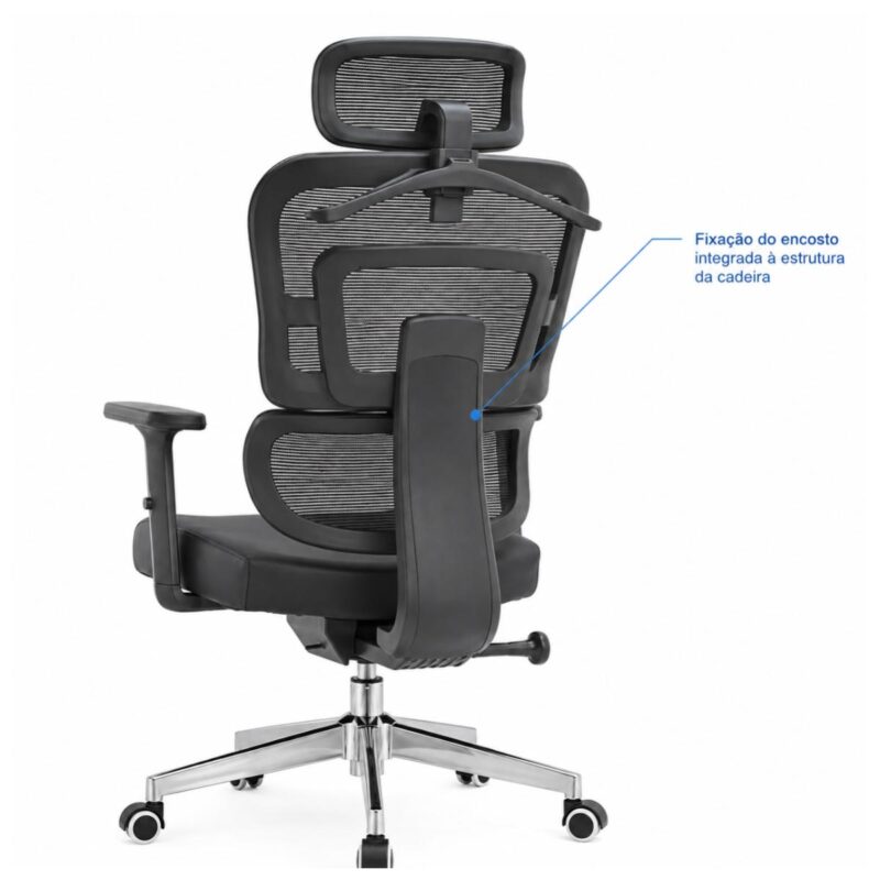 Imagem técnica da fixação do encosto à estrutura da cadeira presidente ergonômica preta.