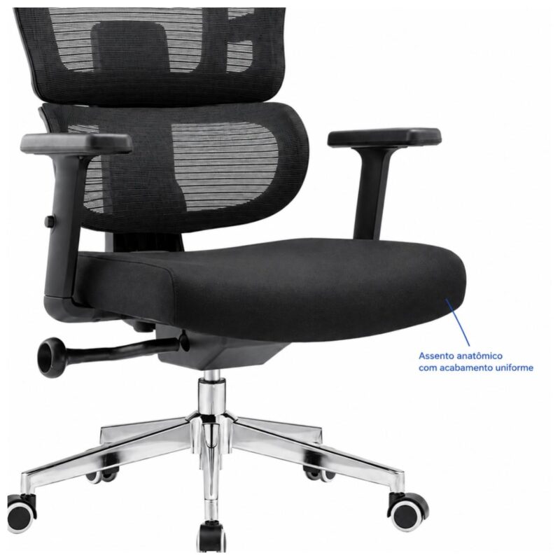 Imagem técnica do assento anatômico estofado da cadeira presidente ergonômica preta.