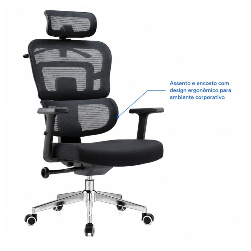 Imagem técnica do conjunto de assento e encosto em tela da cadeira presidente ergonômica preta.