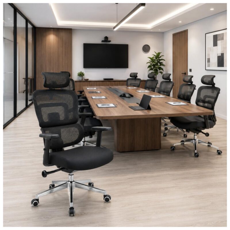 Cadeira presidente ergonômica preta aplicada em sala de reunião corporativa ou diretoria.