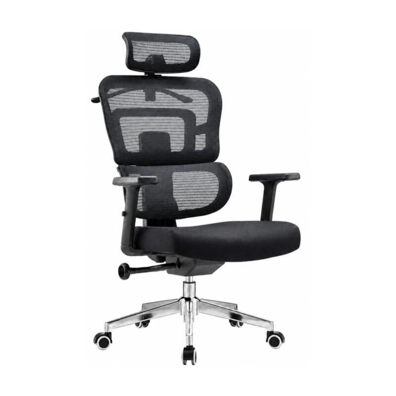 Cadeira Presidente Ergonômica Preta – Imagem Principal Cadeira de escritório presidente ergonômica giratória preta em visão comercial, com encosto em tela mesh e base cromada.