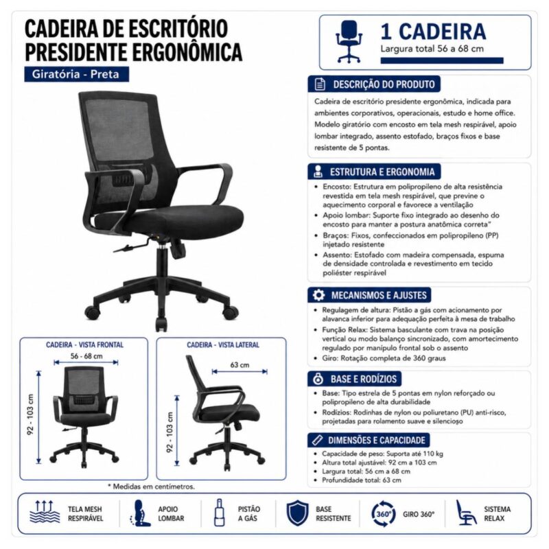 Cadeira de Escritório Cadeira de Escritório Confortável com Encosto Telado e Almofada Macia