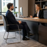 Pessoa adulta utilizando a Poltrona Interlocutor Atreus preta em ambiente profissional de escritório.