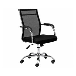 Cadeira Presidente Conforto Tela Mesh preta em vista frontal inclinada, com braços fixos e base cromada.