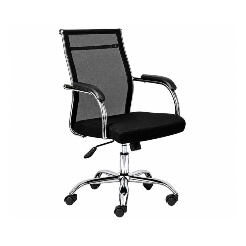 Cadeira Presidente Conforto Tela Mesh em Três Quartos Cadeira Presidente Conforto Tela Mesh preta em vista frontal inclinada, com braços fixos e base cromada.