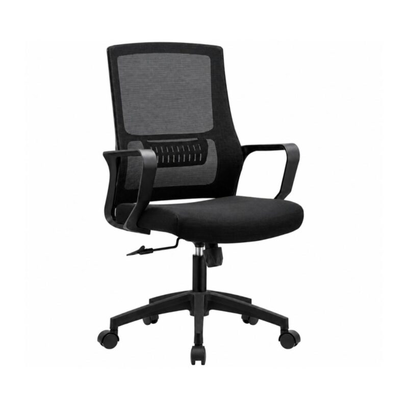 Cadeira de Escritório Presidente Ergonômica preta em vista três quartos, com encosto telado e base giratória.