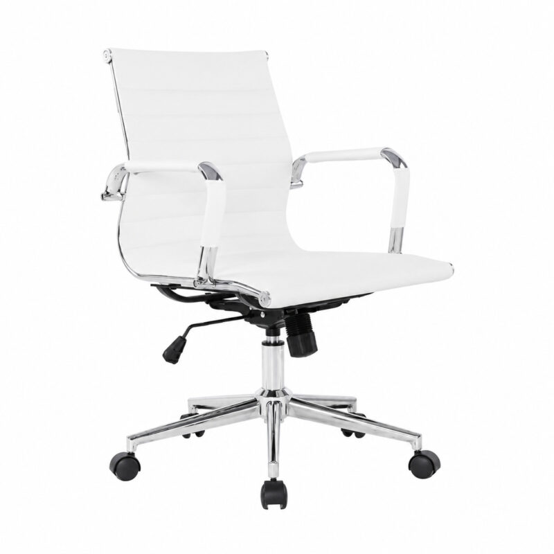 Cadeira Diretor Charles Eames Esteirinha Branca em vista frontal direita, com acabamento branco e cromado