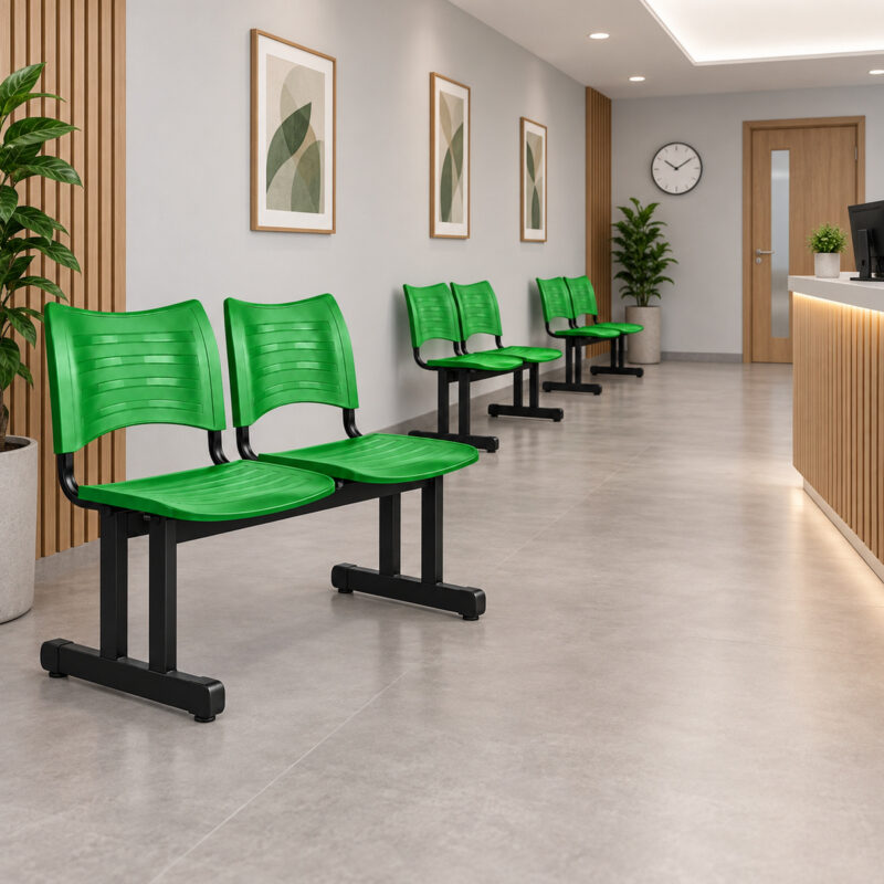 Longarinas plásticas verdes de 2 lugares organizadas em uma recepção corporativa moderna.