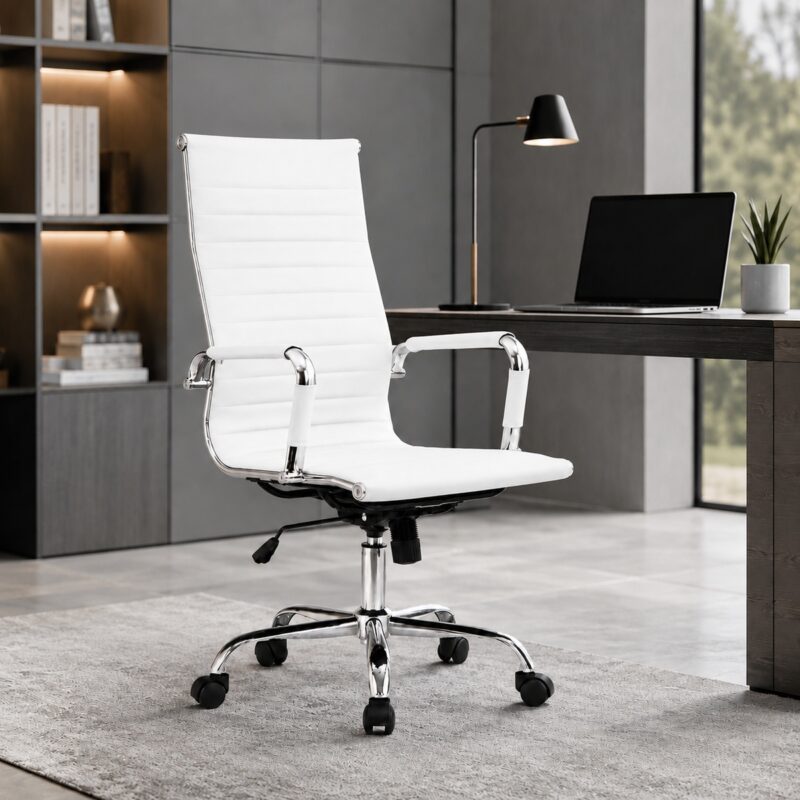 Cadeira Presidente Charles Eames Esteirinha branca posicionada junto a mesa em ambiente de escritório.