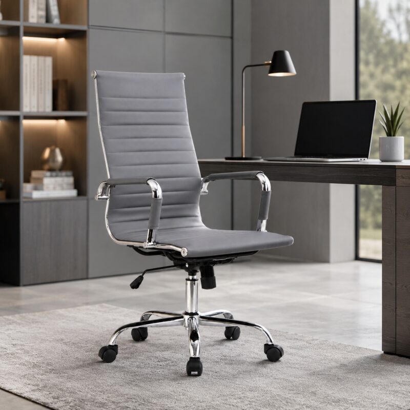 Cadeira Presidente Charles Eames Esteirinha cinza posicionada junto a mesa em ambiente de escritório.