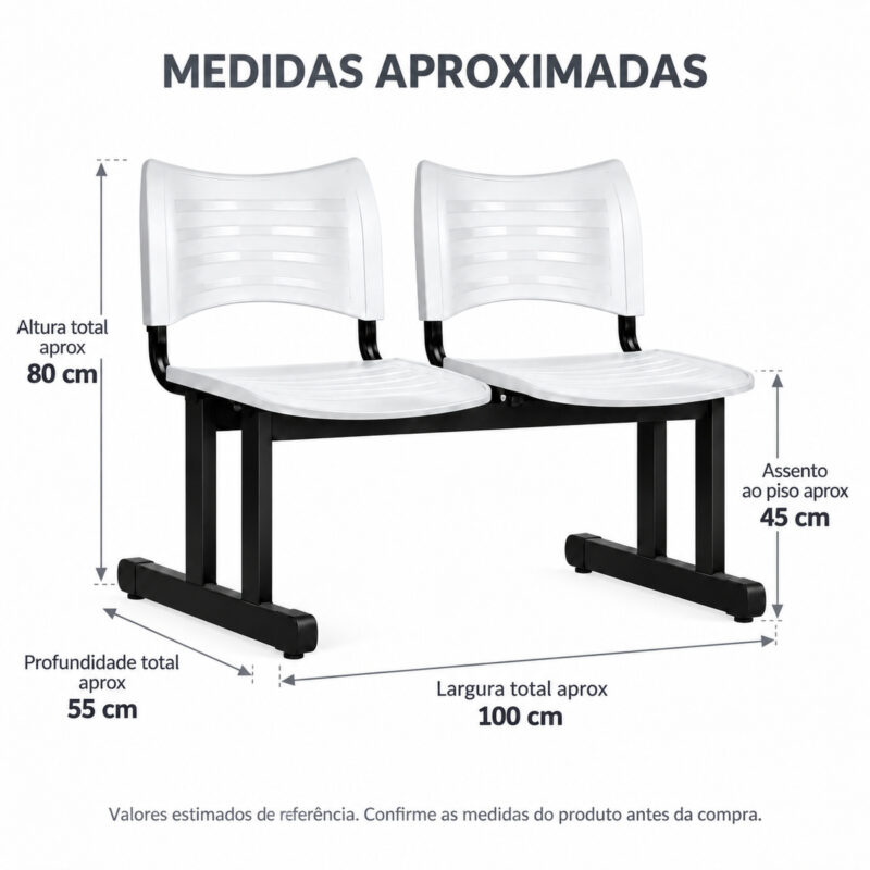 Medidas aproximadas da longarina plástica branca de 2 lugares.