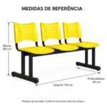 Medidas da Longarina Plástica Amarela de 3 Lugares Imagem técnica da longarina plástica amarela de 3 lugares com altura de 89 cm, largura de 150 cm e profundidade de 40 cm.