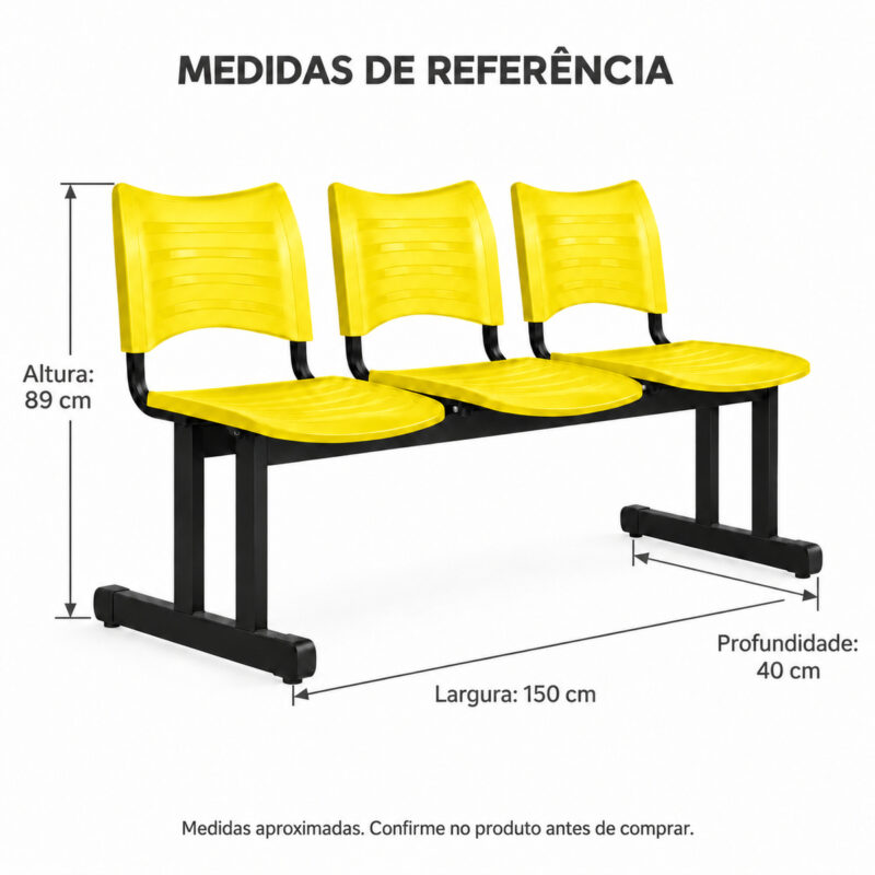 Imagem técnica da longarina plástica amarela de 3 lugares com altura de 89 cm, largura de 150 cm e profundidade de 40 cm.
