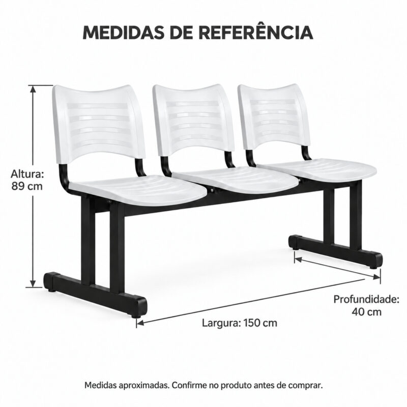Medidas de referência da longarina plástica branca de 3 lugares.