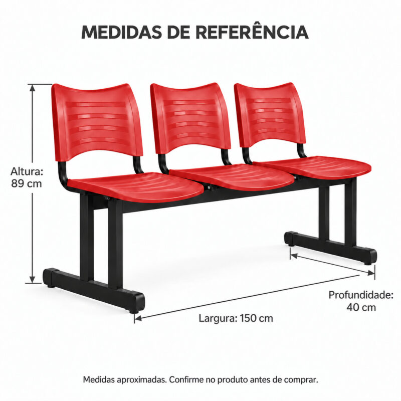 Imagem técnica da longarina plástica vermelha de 3 lugares com altura de 89 cm, largura de 150 cm e profundidade de 40 cm.