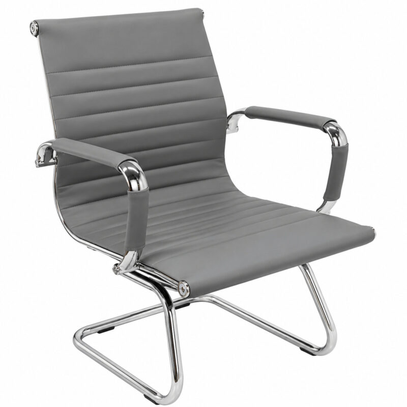 Close do assento da Cadeira Charles Eames Esteirinha cinza com corino cinza e acabamento horizontal.