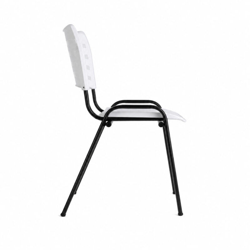 Cadeira Plástica ISO Fixa Branca em vista lateral direita, com estrutura tubular de quatro pés