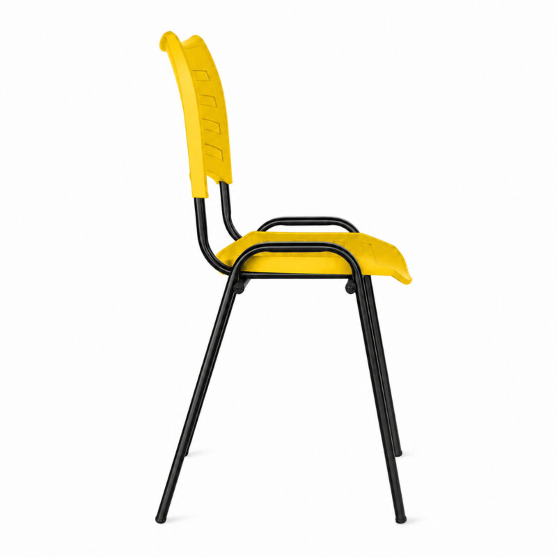 Cadeira Plástica ISO Fixa Amarela em vista lateral direita, com estrutura tubular de quatro pés