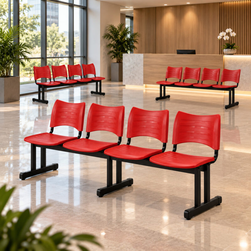 Longarinas plásticas de 4 lugares vermelhas distribuídas em uma recepção corporativa contemporânea.