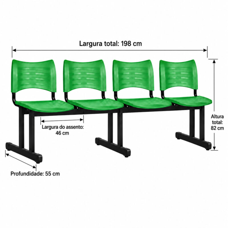 Imagem técnica da longarina plástica verde de 4 lugares com largura total de 198 cm, altura de 82 cm e profundidade de 55 cm.