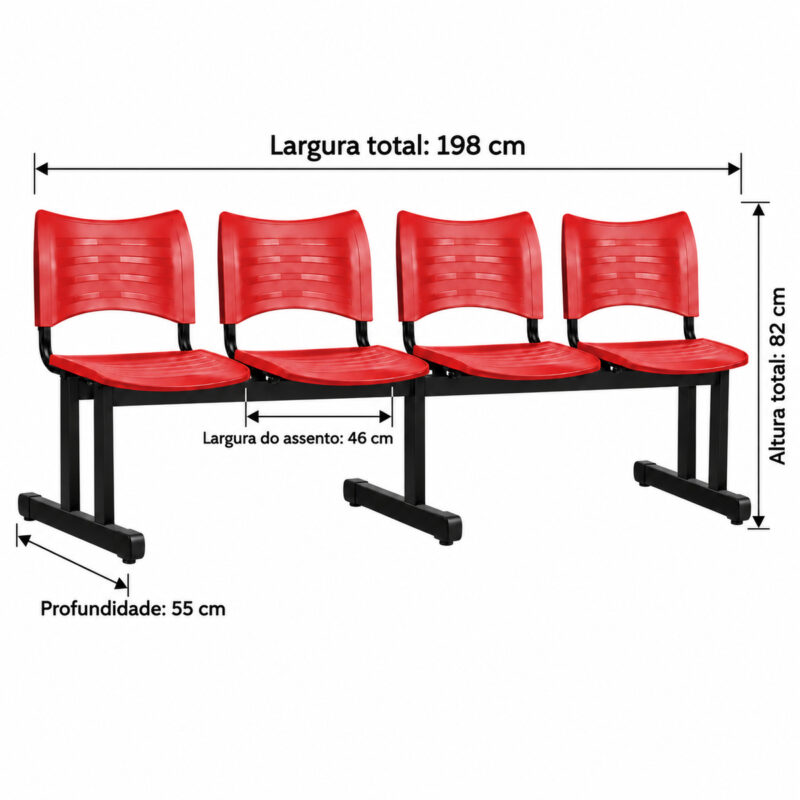 Imagem técnica da longarina plástica vermelha de 4 lugares com largura total de 198 cm, altura de 82 cm e profundidade de 55 cm.