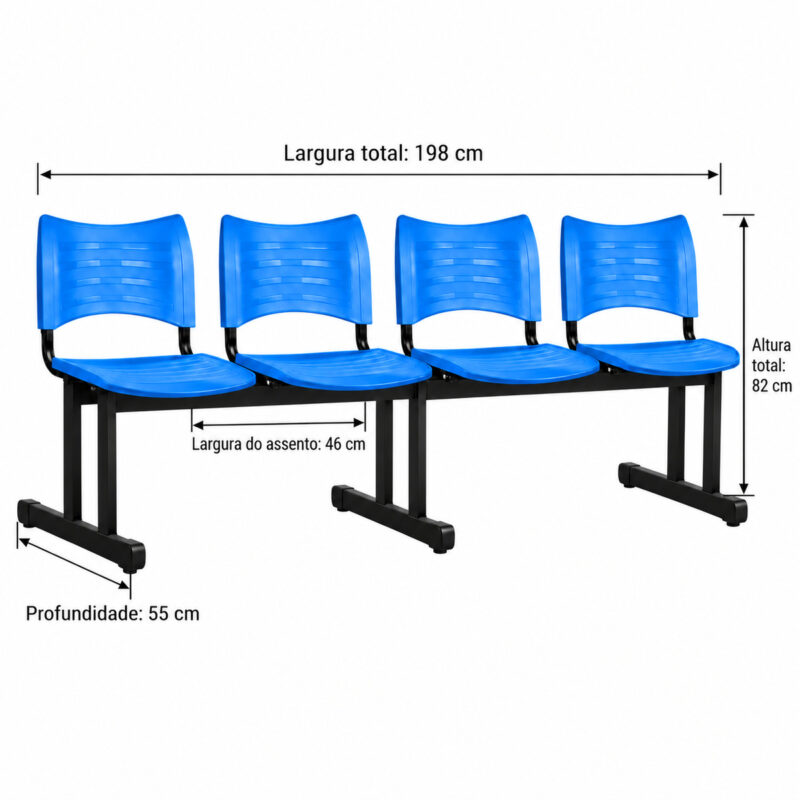 Imagem técnica da longarina plástica azul de 4 lugares com largura total de 198 cm, altura de 82 cm e profundidade de 55 cm.