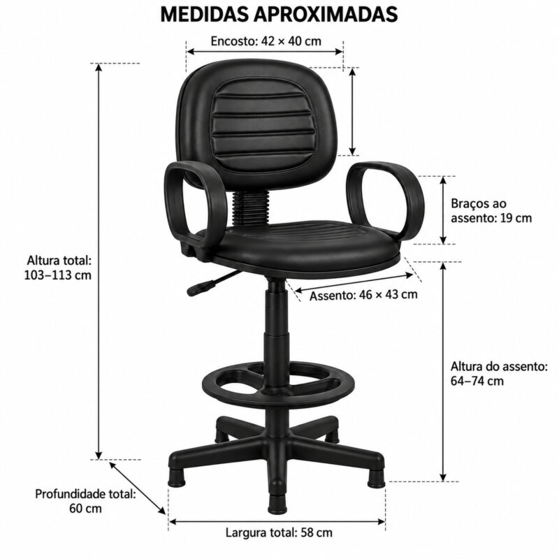 Medidas aproximadas da cadeira caixa executiva costurada com braços Corsa preta