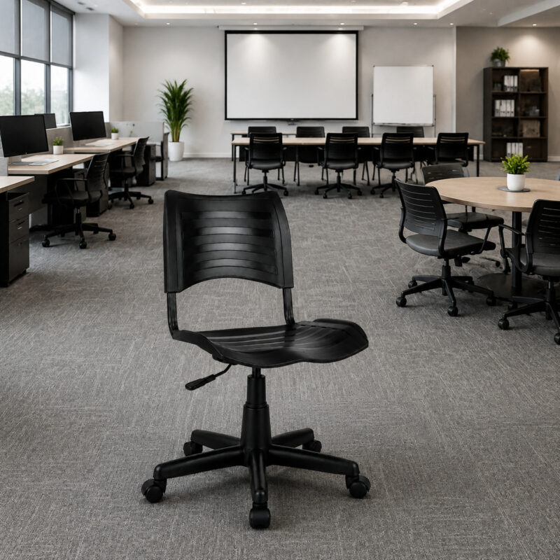 Cadeira Giratória Plástica MRPlast Preta em escritório corporativo com espaço para treinamento