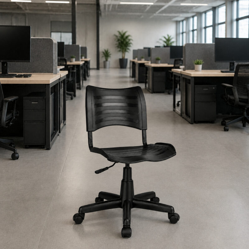 Cadeira Giratória Plástica MRPlast Preta em escritório open space com diversas estações de trabalho