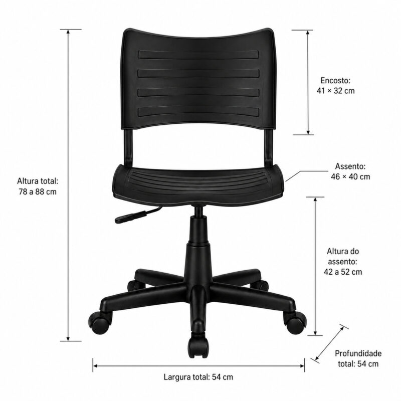 Cadeira Giratória Plástica MRPlast Preta com altura, largura, profundidade e medidas do assento