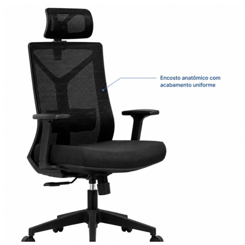 Imagem técnica do encosto em tela mesh da cadeira presidente ergonômica preta com estrutura traseira em formato de Y.