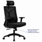Imagem técnica do mecanismo Syncron e da estrutura inferior da cadeira presidente ergonômica giratória preta.