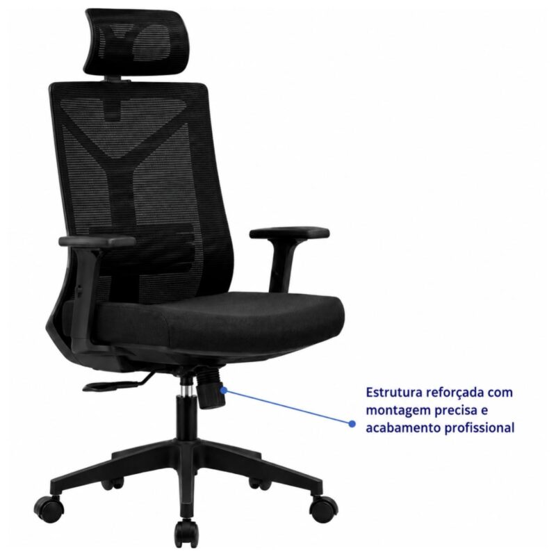 Imagem técnica do mecanismo Syncron e da estrutura inferior da cadeira presidente ergonômica giratória preta.