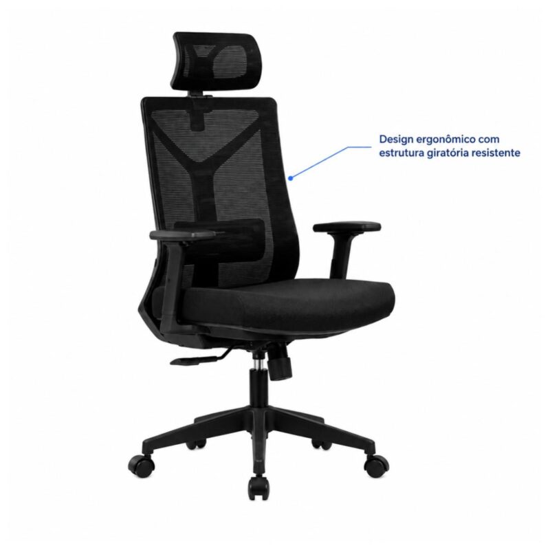 Imagem técnica do design geral da cadeira presidente ergonômica preta com apoio de cabeça, braços e base giratória.