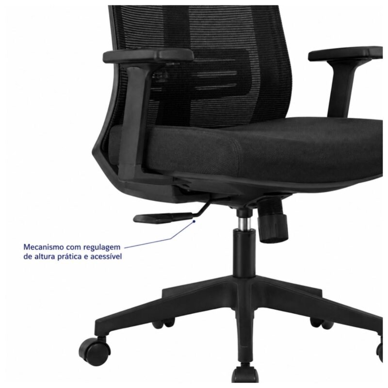 Imagem técnica do conjunto de assento estofado e encosto em tela mesh da cadeira presidente ergonômica preta.