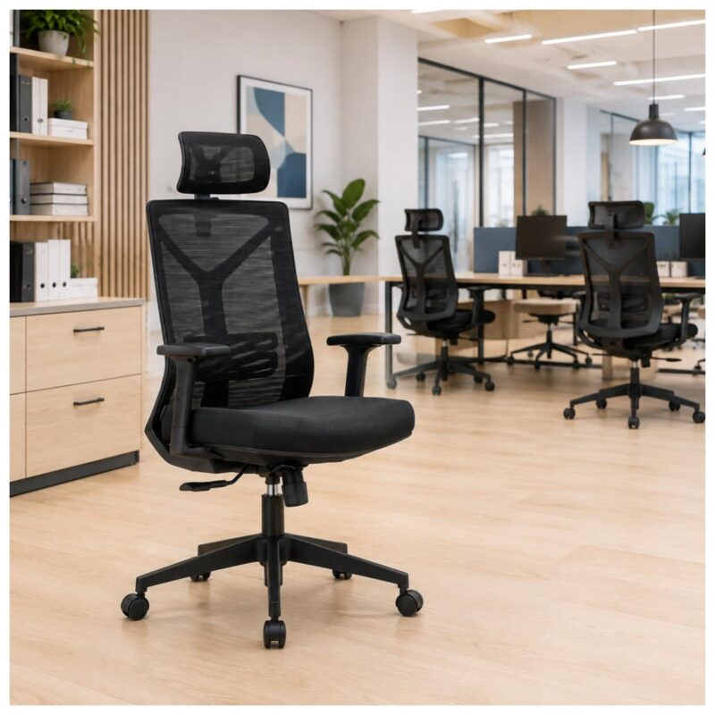 Cadeira presidente ergonômica preta posicionada em coworking moderno com mobiliário profissional.