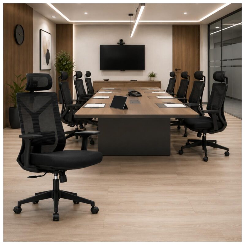 Cadeira presidente ergonômica preta utilizada em sala de reunião corporativa ou ambiente de diretoria.