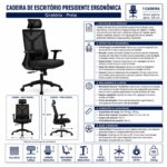 Ficha técnica da cadeira presidente ergonômica preta com informações de estrutura, mecanismos, dimensões, base e rodízios.