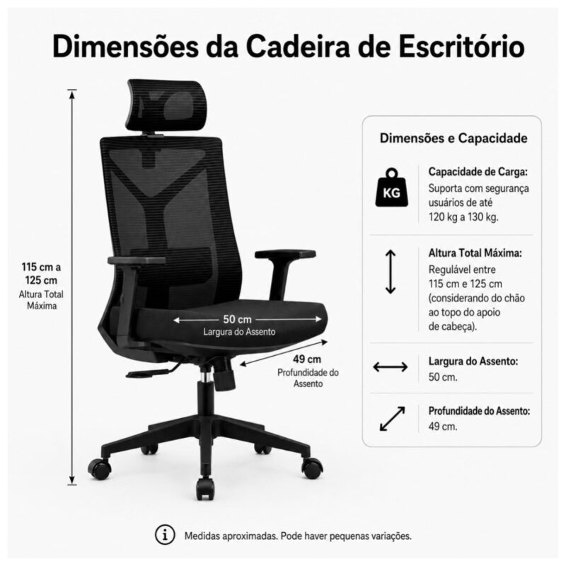 Medidas da cadeira presidente ergonômica preta com altura de 115 a 125 centímetros e assento de 50 por 49 centímetros.