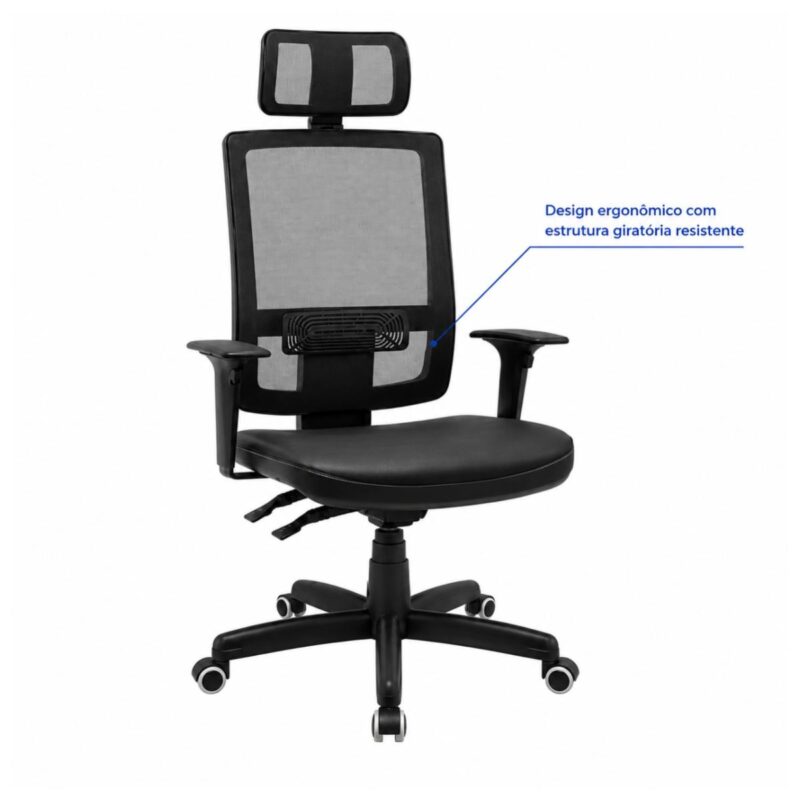 Imagem técnica do design geral da Cadeira Presidente Brizza em Tela com apoio de cabeça e base giratória.