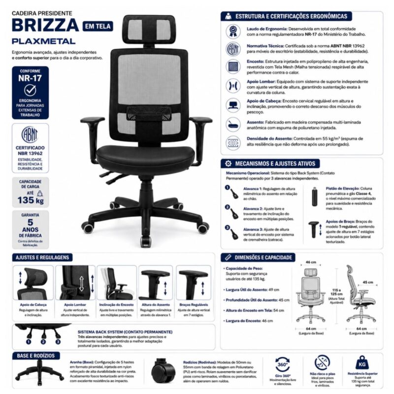 Ficha técnica da Cadeira Presidente Brizza em Tela com certificações, regulagens, dimensões, base e rodízios.