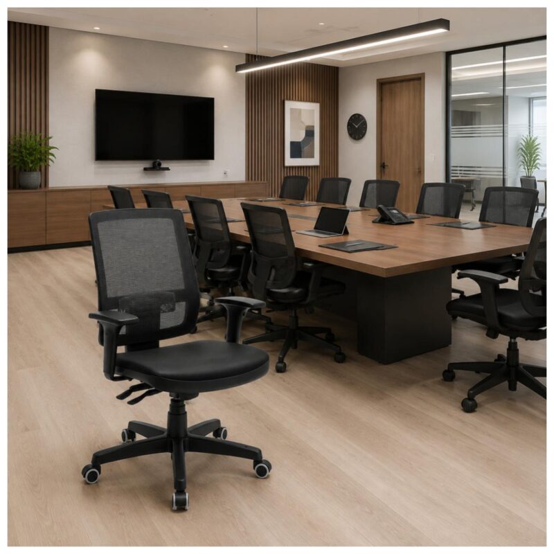 Cadeira de Escritório Brizza Diretor preta utilizada em sala de reunião corporativa com composição executiva.