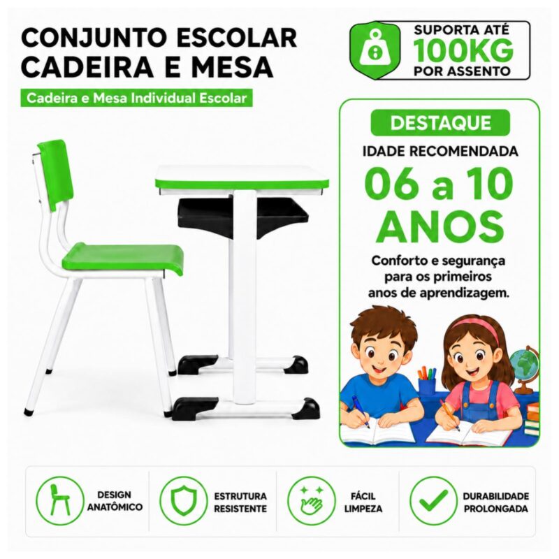 Conjunto Escolar Verde com Mesa e Cadeira 06 a 10 Anos