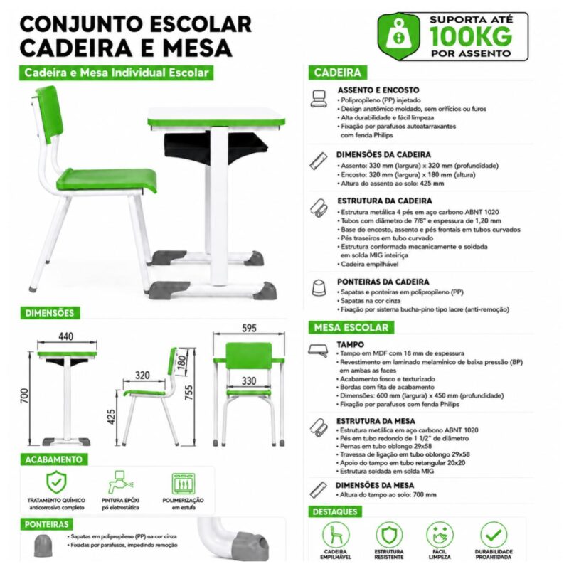 Conjunto Escolar Verde com Mesa e Cadeira 06 a 10 Anos