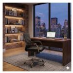 Cadeira Diretor LONDON preta posicionada junto a mesa com notebook em ambiente executivo de escritório.