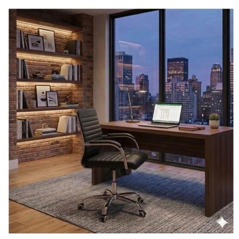 Cadeira Diretor LONDON preta posicionada junto a mesa com notebook em ambiente executivo de escritório.